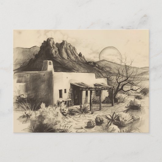 Southwestern Adobe House with Desert Landscape  Briefkaart (Voorkant)
