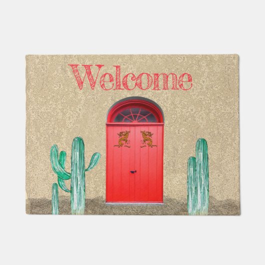 Southwestern Arched Red Doors Saguaro Cactus Deurmat (Voorkant)