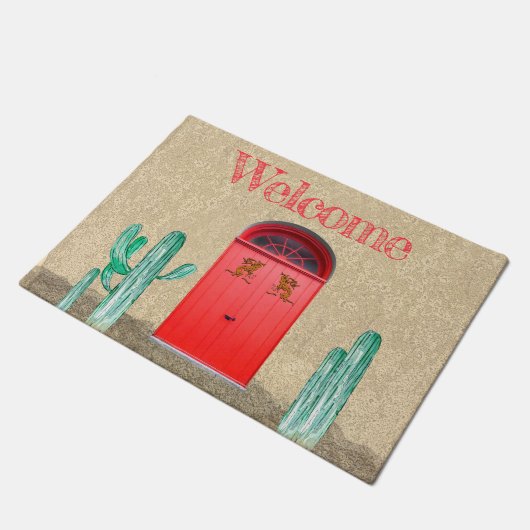 Southwestern Arched Red Doors Saguaro Cactus Deurmat (Schuin)