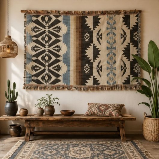 Southwestern Aztec Geometric Pattern in Black Deken