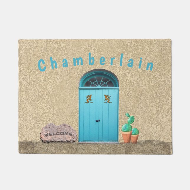 Southwestern Blue Doors Kokopelli Cactus Custom Deurmat (Voorkant)