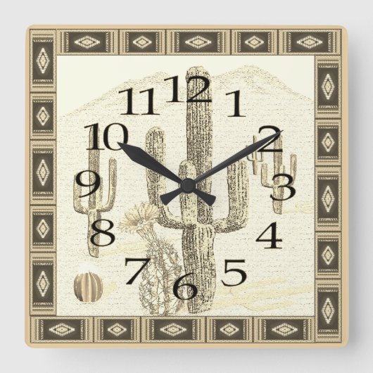 Southwestern Cactus Clock Vierkante Klok (Voorkant)
