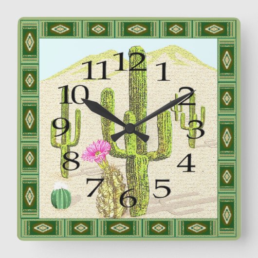 Southwestern Cactus Clock Vierkante Klok (Voorkant)