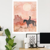 Southwestern Cowgirl Silhouette Desert Sun Artwork Poster (Thuiskantoor)