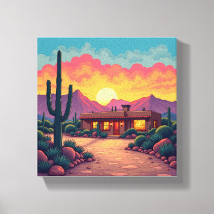 Southwestern Desert Home Mooie zonsondergang Canva Canvas Afdruk