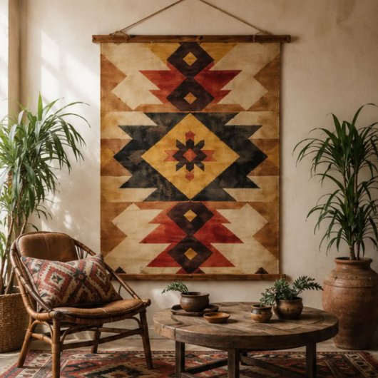 Southwestern Geometric Aztec Pattern Rust Red Gold Hangend Wandkleed
