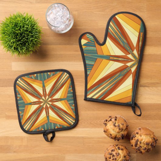 Southwestern Golden Sun Rays Indian Blanket Design Ovenwant & Pannenlap Set (Top down)