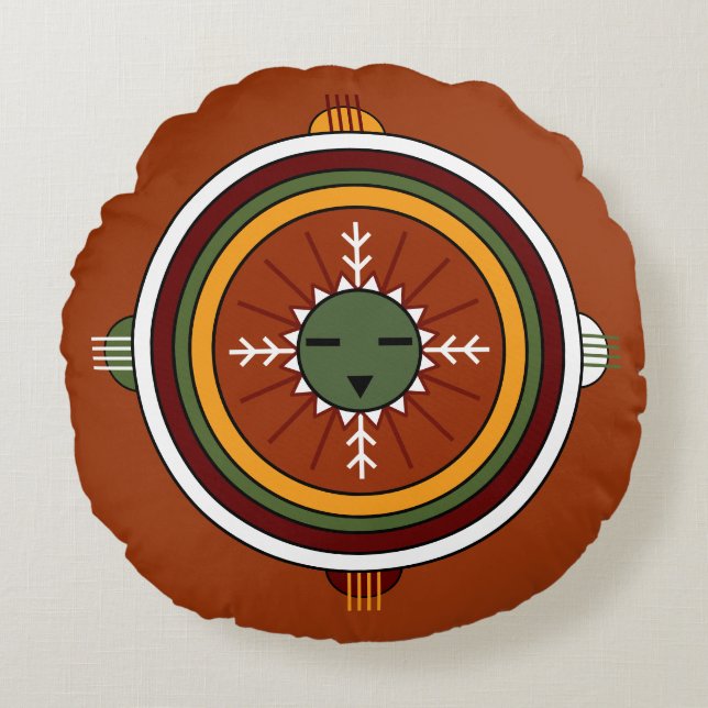 Southwestern Hopi Native American Tribal Sun Face Rond Kussen (Voorkant)