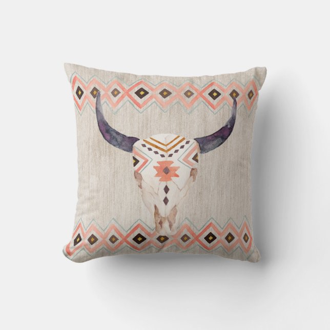 Southwestern Steer Skull en Tribal Pattern Kussen (Voorkant)