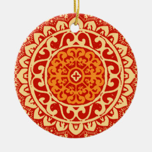 Southwestern Sun Mandala Batik, koraal Sinaasappel Keramisch Ornament
