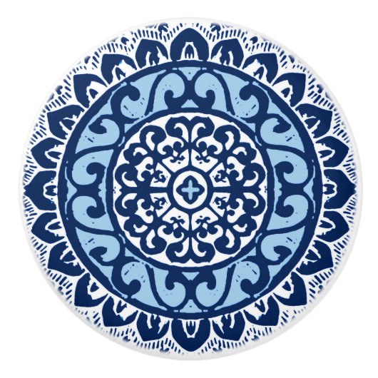 Southwestern Sun Mandala Batik, Navy Blue & White Keramische Knop (Voorkant)