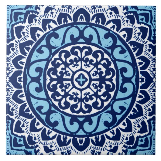 Southwestern Sun Mandala Batik, Navy Blue & White Tegeltje (Voorkant)