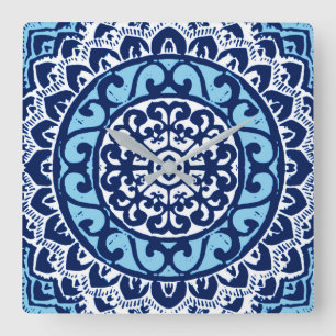 Southwestern Sun Mandala Batik, Navy Blue & White Vierkante Klok