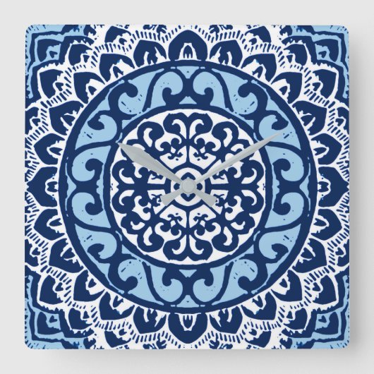 Southwestern Sun Mandala Batik, Navy Blue & White Vierkante Klok (Voorkant)
