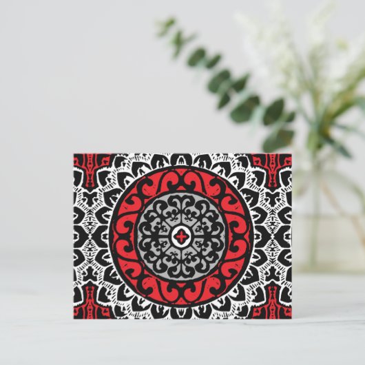Southwestern Sun Mandala Batik, Red, Black & White Briefkaart (Staand voorkant)