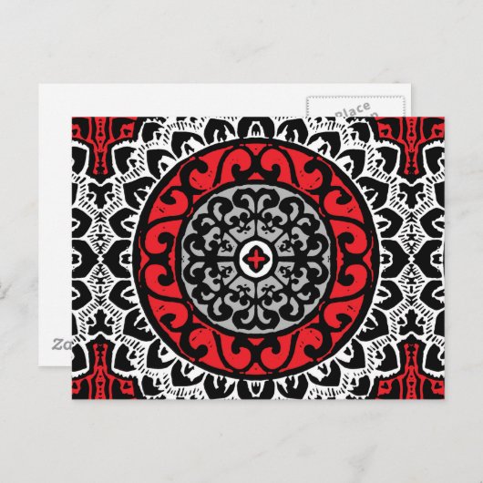 Southwestern Sun Mandala Batik, Red, Black & White Briefkaart (Voorkant / Achterkant)