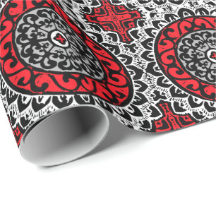Southwestern Sun Mandala Batik, Red, Black & White Cadeaupapier