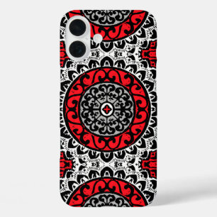 Southwestern Sun Mandala Batik, Red, Black & White iPhone 16 Plus Hoesje