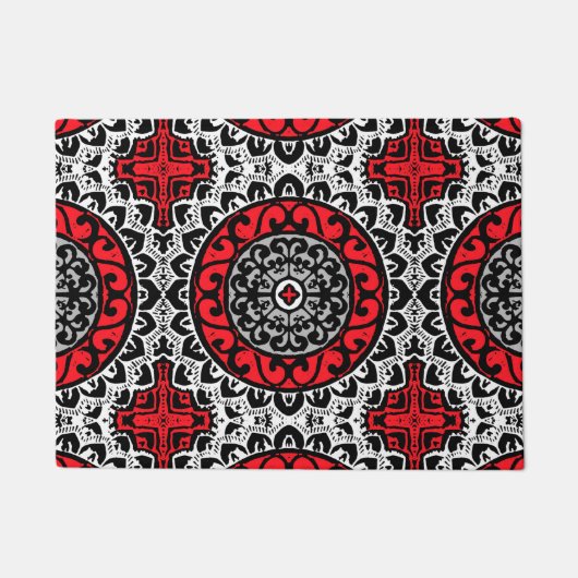 Southwestern Sun Mandala Batik, Red, Black & White Deurmat (Voorkant)