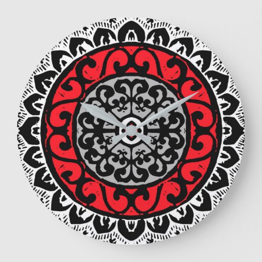 Southwestern Sun Mandala Batik, Red, Black & White Grote Klok (Voorkant)