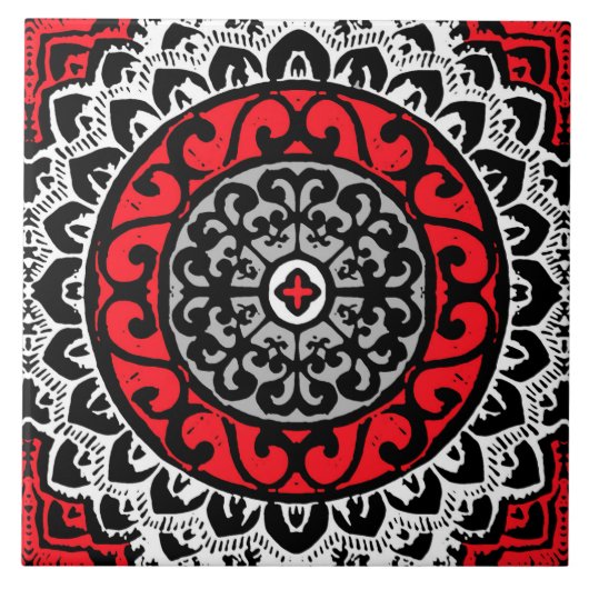 Southwestern Sun Mandala Batik, Red, Black & White Tegeltje (Voorkant)
