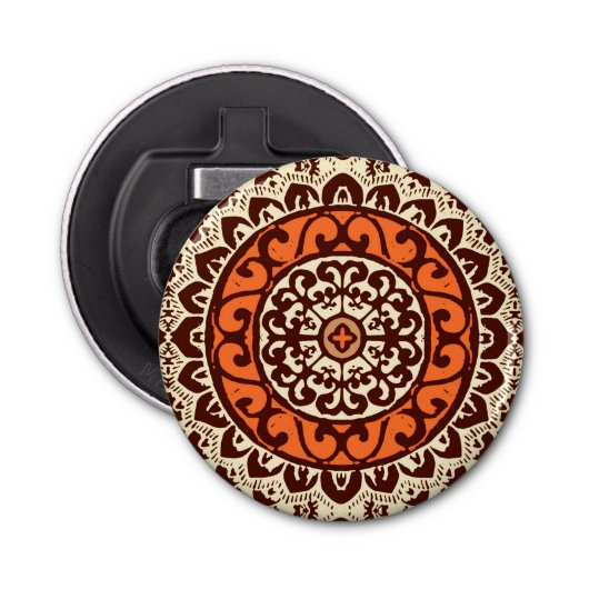Southwestern Sun Mandala Batik, Rust & Brown Button Flesopener (Voorkant)