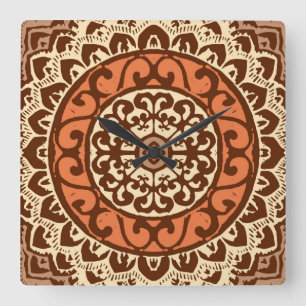 Southwestern Sun Mandala Batik, Rust & Brown Vierkante Klok