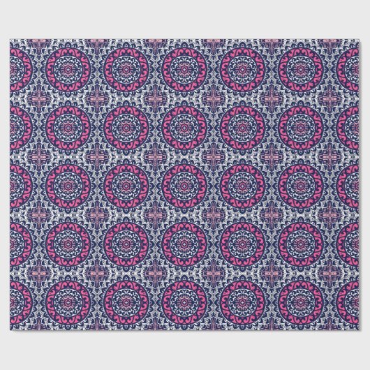 Southwestern Sun Mandala, Fuchsia, Navy & White Cadeaupapier (Vlak)