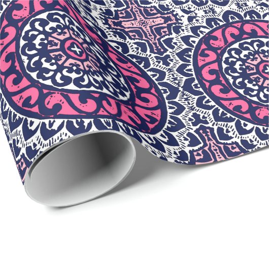 Southwestern Sun Mandala, Fuchsia, Navy & White Cadeaupapier (Rol Hoek)