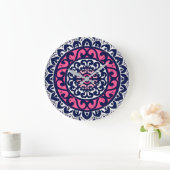 Southwestern Sun Mandala, Fuchsia, Navy & White Grote Klok (Huis)