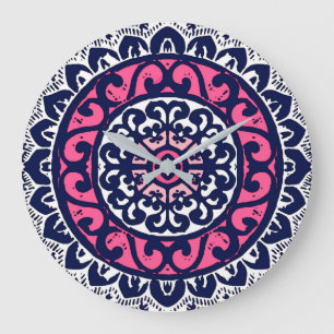 Southwestern Sun Mandala, Fuchsia, Navy & White Grote Klok