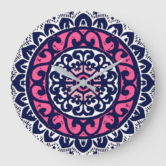 Southwestern Sun Mandala, Fuchsia, Navy & White Grote Klok (Voorkant)