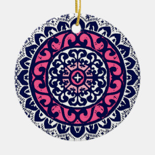 Southwestern Sun Mandala, Fuchsia, Navy & White Keramisch Ornament