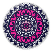 Southwestern Sun Mandala, Fuchsia, Navy & White Keramische Knop (Voorkant)