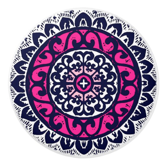 Southwestern Sun Mandala, Fuchsia, Navy & White Keramische Knop (Voorkant)