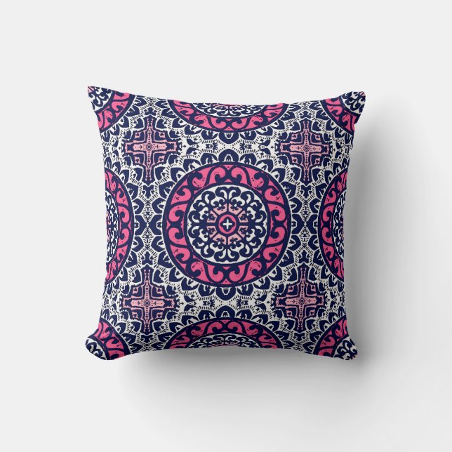 Southwestern Sun Mandala, Fuchsia, Navy & White Kussen (Voorkant)