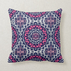 Southwestern Sun Mandala, Fuchsia, Navy & White Kussen