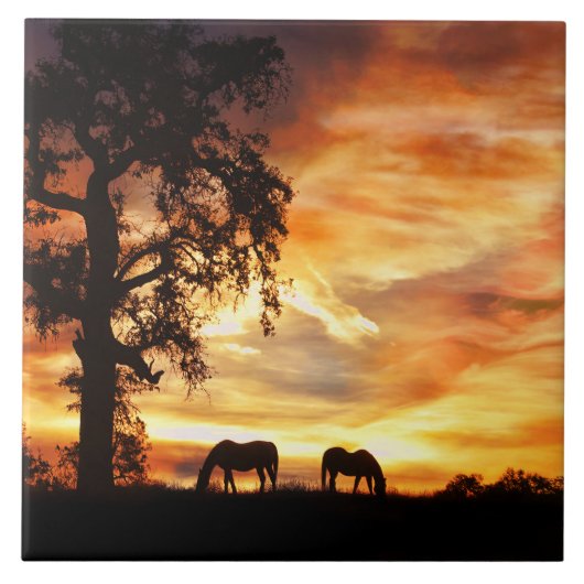 Southwestern Sunset with Horses and Oak Tree Tegeltje (Voorkant)