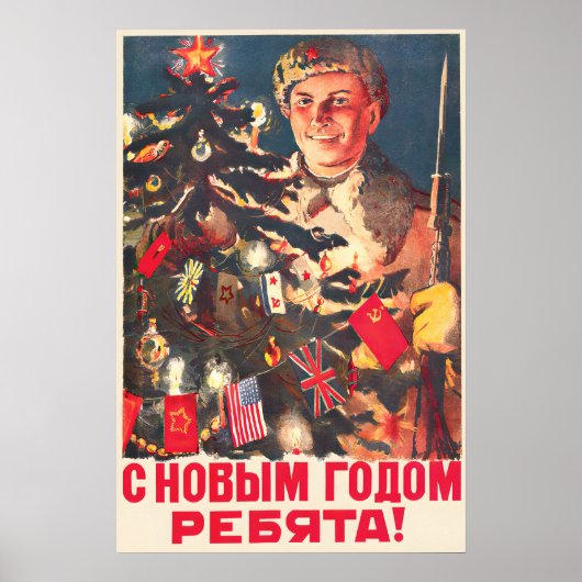 Soviet WWII Happy New Year Propaganda Poster, Red Poster (Voorkant)