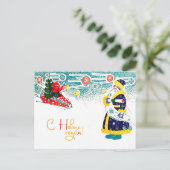 Sovjetjongen vliegt in raket en begroet Kerstman Briefkaart (Staand voorkant)