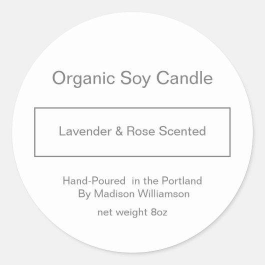 Soy Candle | Eenvoudig grijs en wit aangepast Ronde Sticker (Voorkant)