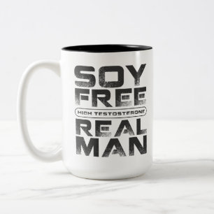 SOY FREE High Testosterone REAL MAN, Funny Vegan Tweekleurige Koffiemok