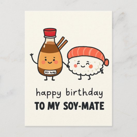Soy-Mate Birthday Card – Cute Sushi & Soy Sauce Briefkaart (Voorkant)