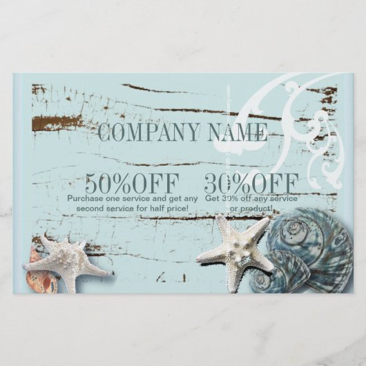 SPA aqua blauwe strand hout zeester schelpen Flyer (Voorkant)