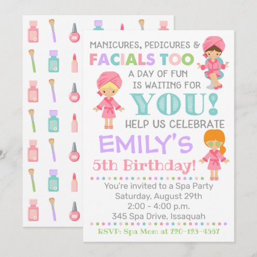 Spa Birthday Invitation Girl Spa Kaart (Voorkant / Achterkant)