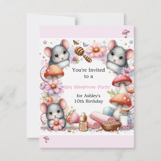 Spa Cute Mouse Sleepover Party Invitation Kaart (Voorkant)