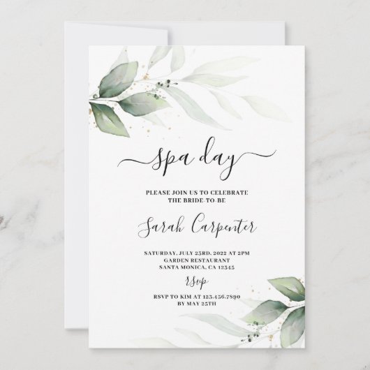 Spa Day Greenery Bridal Shower-uitnodiging Kaart (Voorkant)