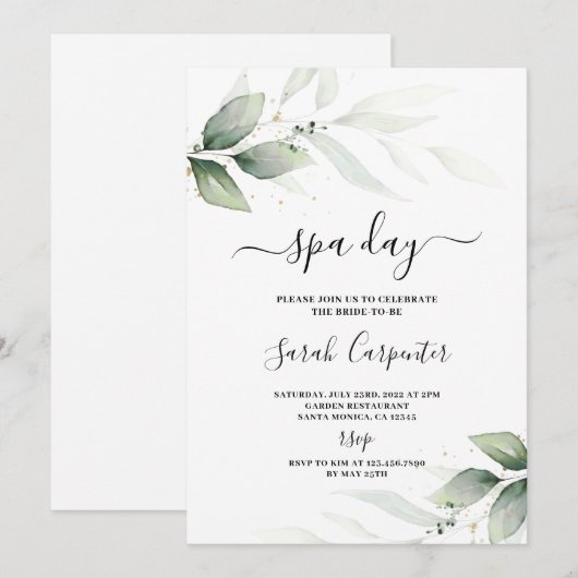 Spa Day Greenery Bridal Shower-uitnodiging Kaart (Voorkant / Achterkant)