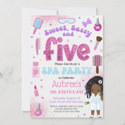 SPA, girl 5th birthday party invite, 5 year old. Kaart (Voorkant)