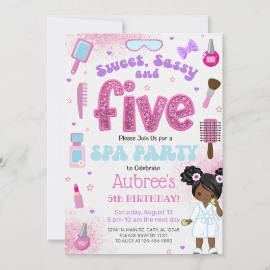 SPA, girl 5th birthday party invite, 5 year old. Kaart (Voorkant)